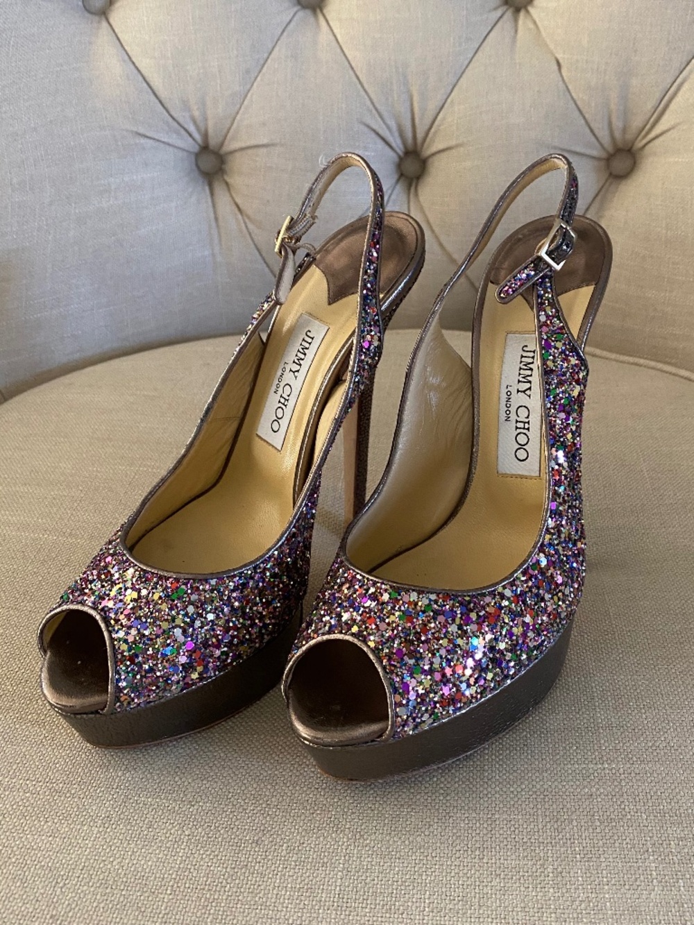 JIMMY CHOO rainbow glitter peeptoe sling back platform heels size 39